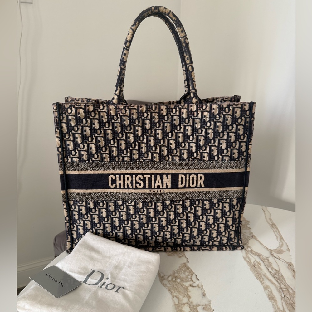 Dior Large Book Tote Bag Oblique Embroidery Navy Blue & Beige